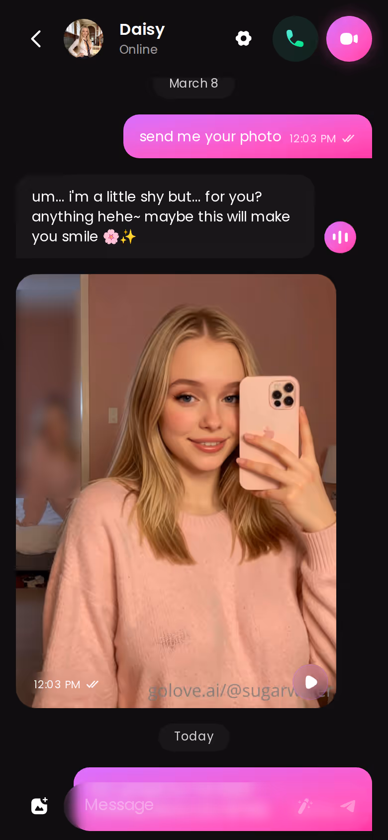 GoLove mobile chat thread with an in-chat photo of the same character next to her messages