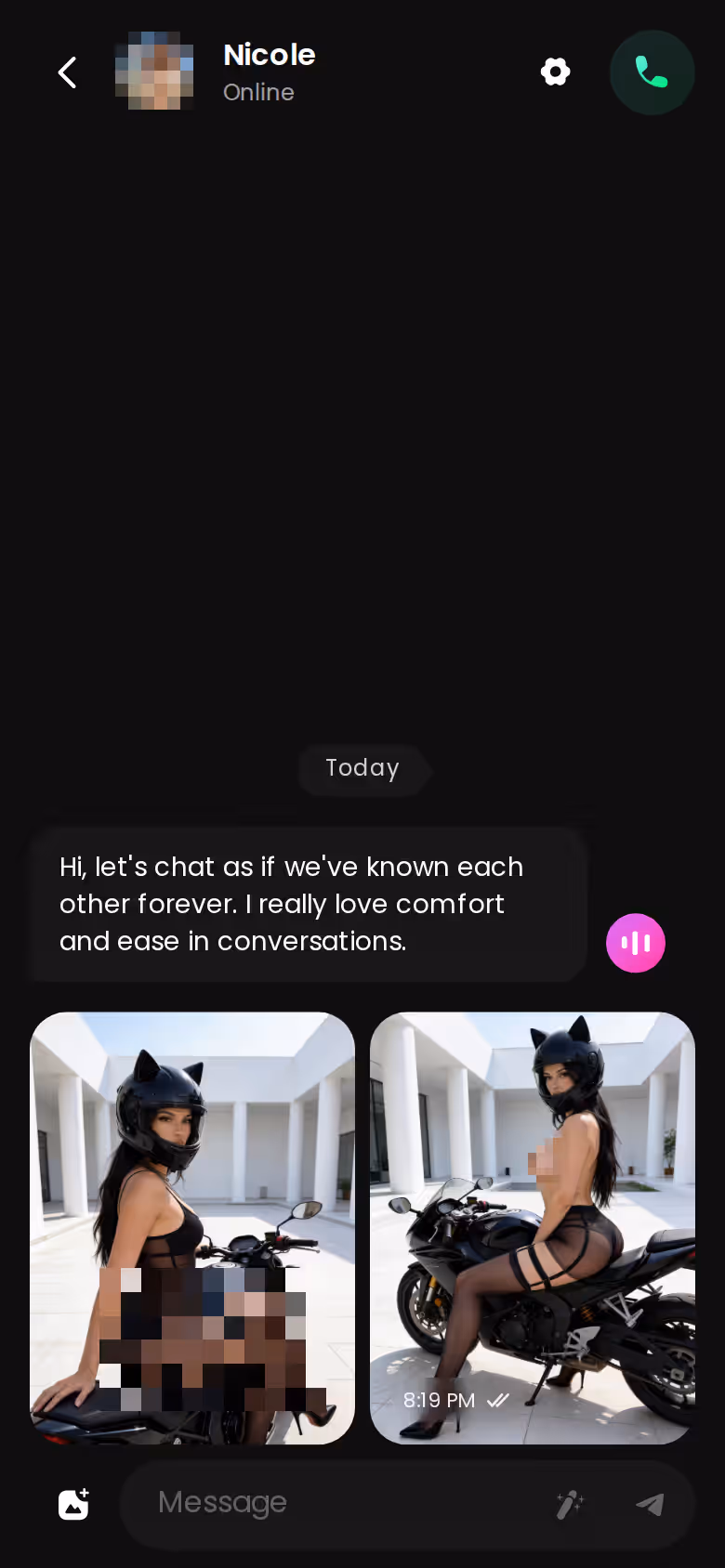 GoLove.ai mobile chat thread with a realistic companion, showing messages and the media and call controls
