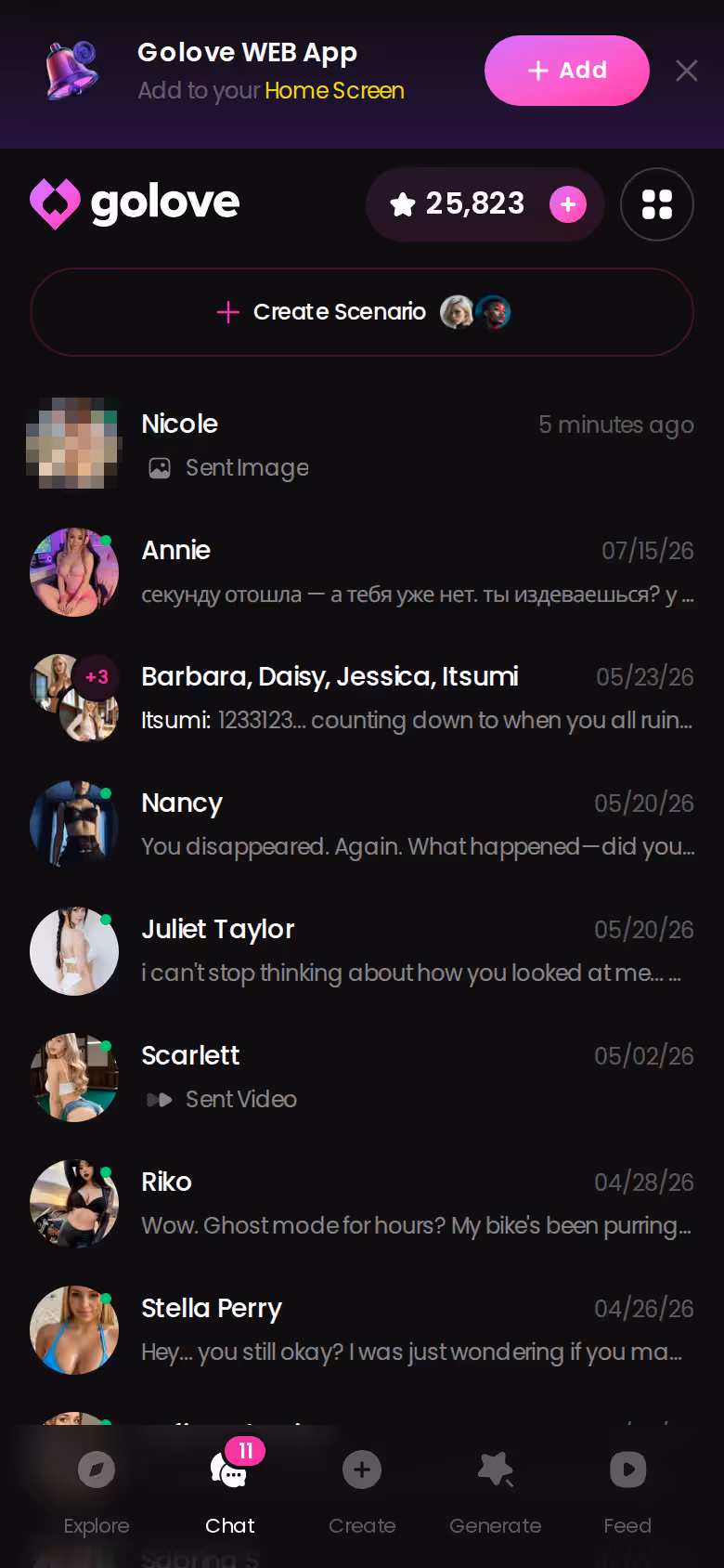 GoLove mobile chats list showing a roster of ongoing character conversations