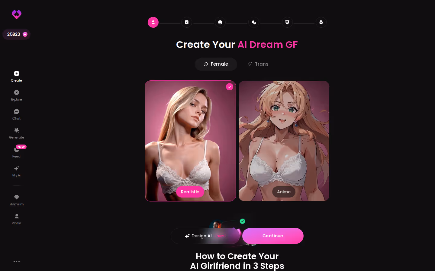 GoLove.ai create wizard start screen with Female/Trans toggle, Realistic vs Anime and Design with AI
