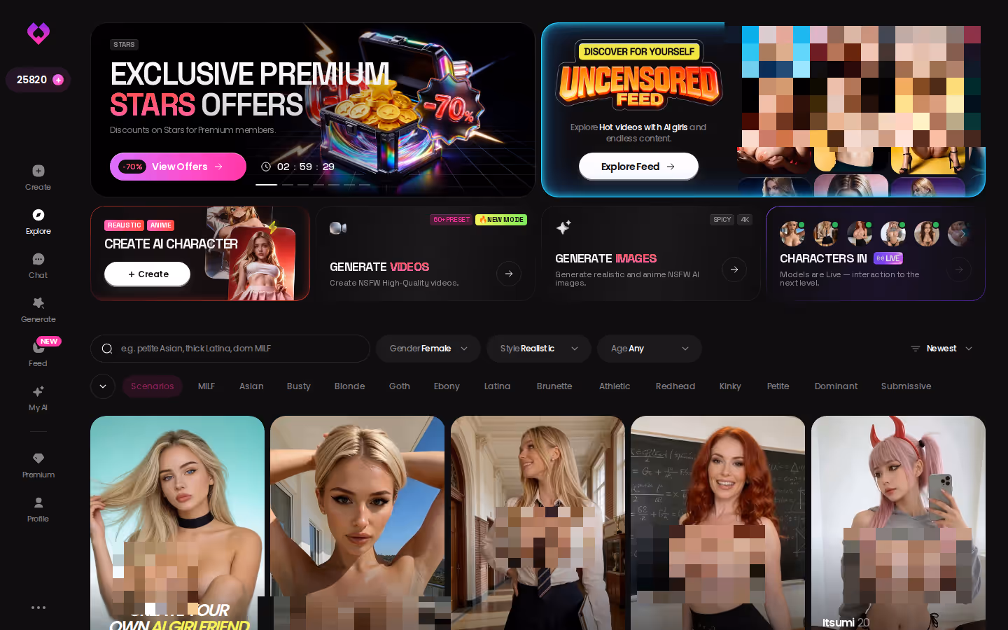 GoLove Explore screen with tag-chip filters narrowing realistic characters by category