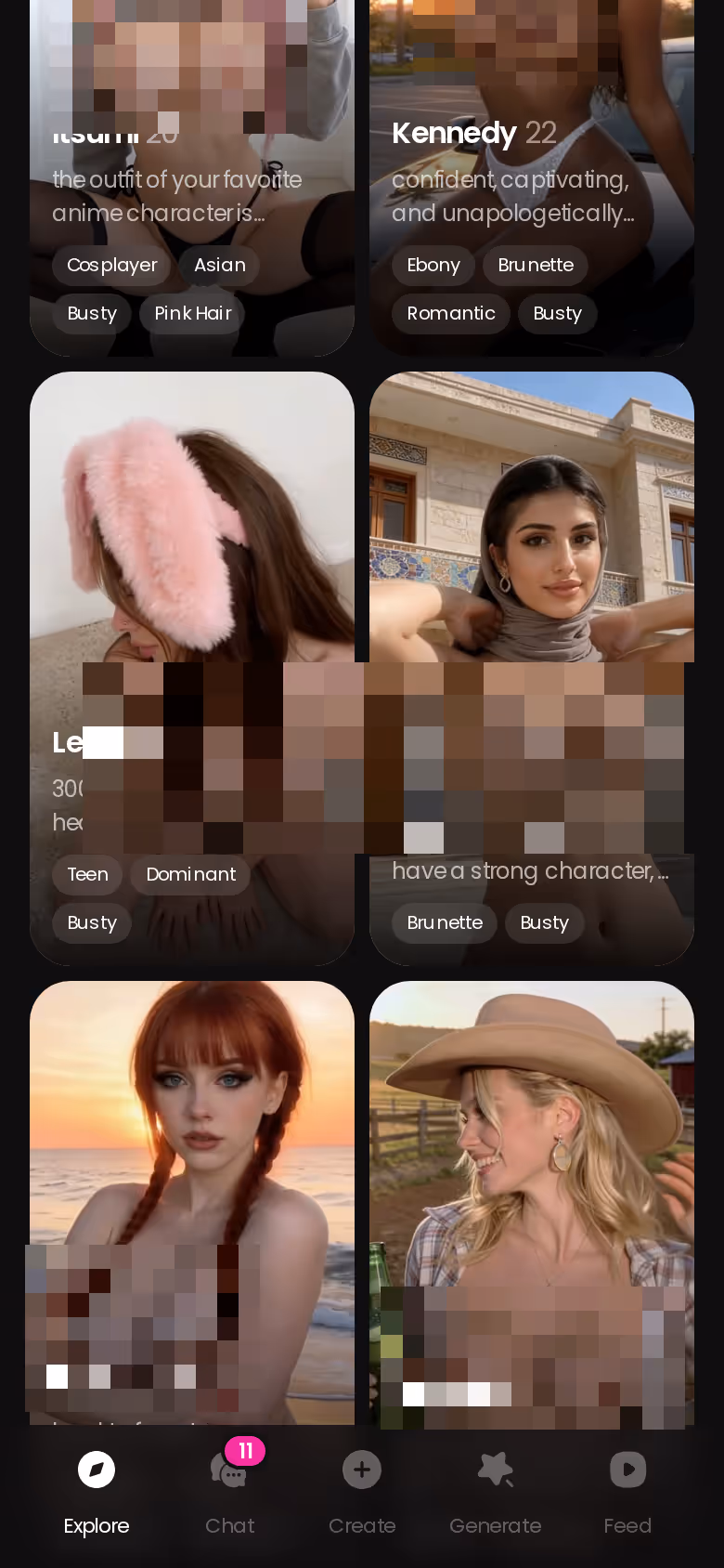 GoLove.ai mobile Explore grid showing realistic AI characters ready to chat
