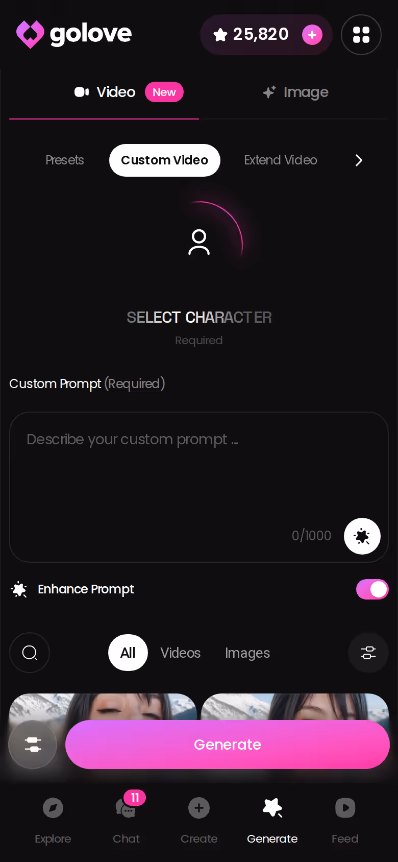 GoLove custom video generation on a phone — character, preset cards and Generate button