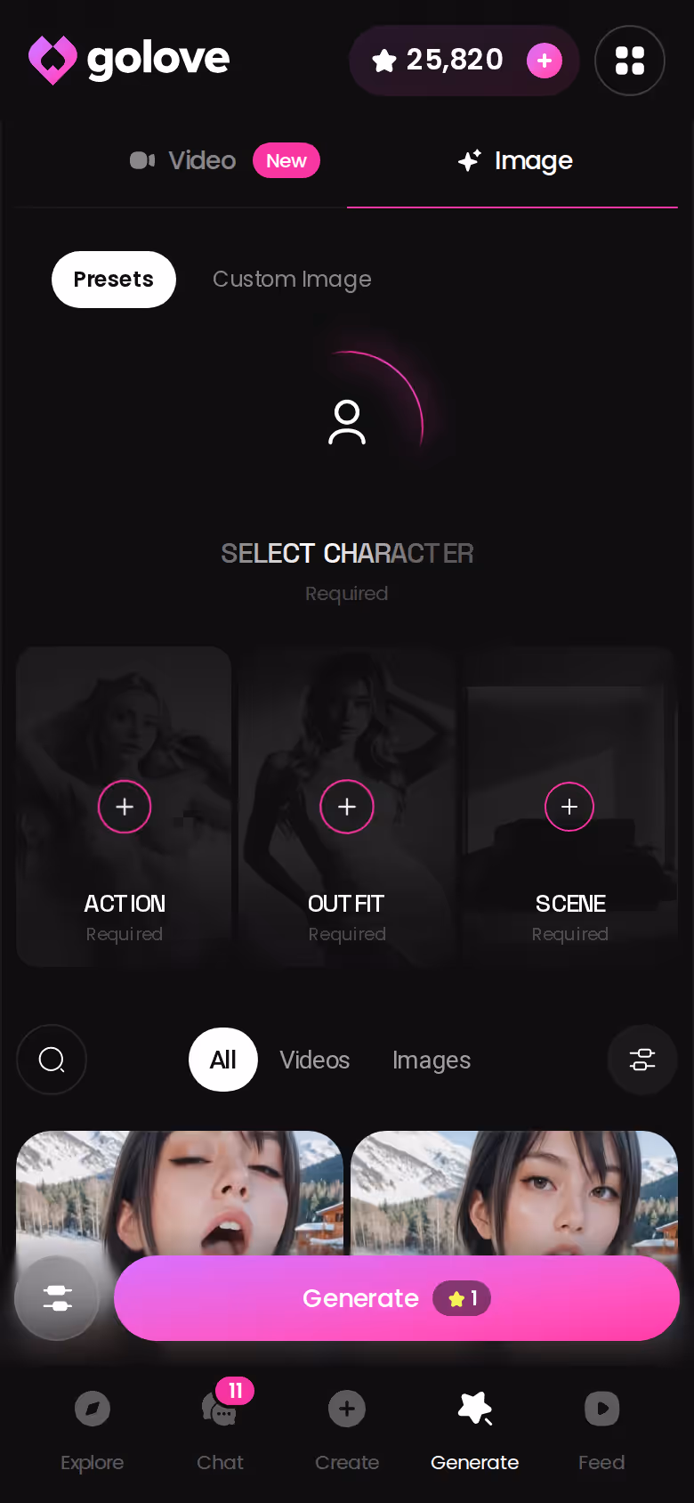 GoLove.ai image generator on mobile