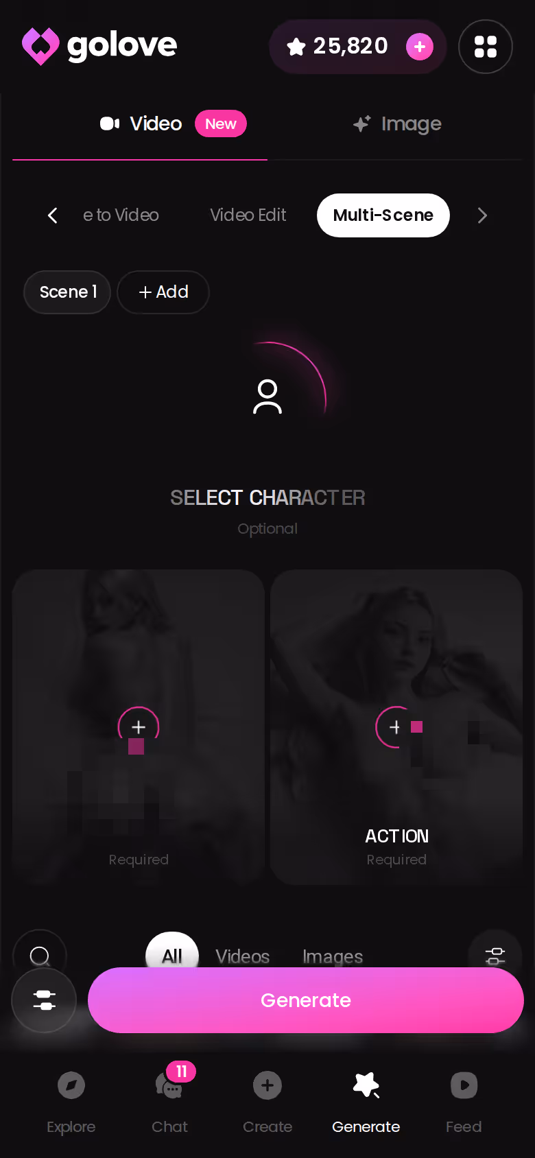 GoLove multi-scene generation on mobile — several moments of one character
